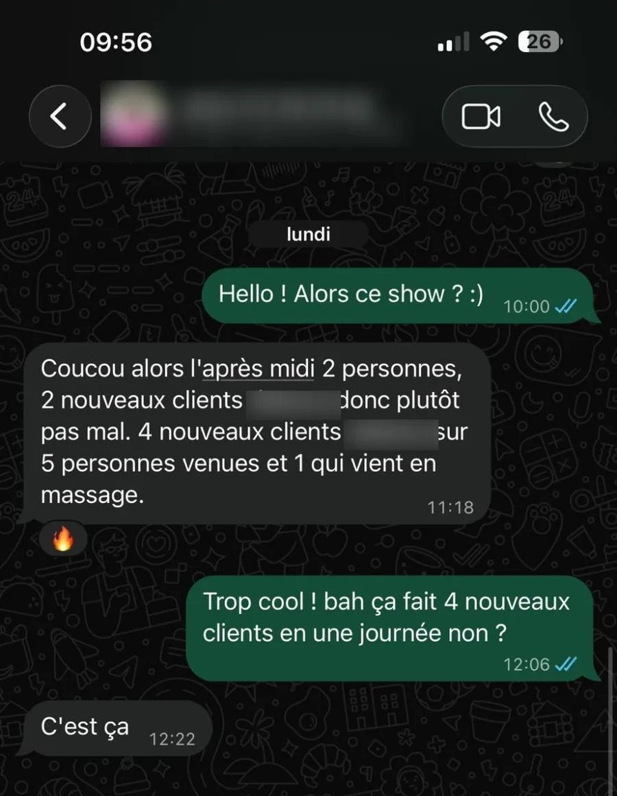Message WhatsApp : « L'après-midi 2 personnes, 2 nouveaux clients […]. 4 nouveaux clients sur 5 personnes venues et 1 qui vient en massage. »